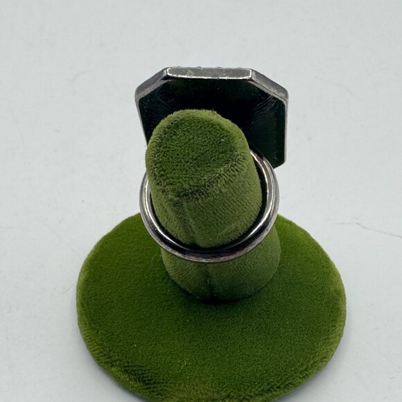 Bold Black Cocktail Ring With Rhinestone Border & Silver-Tone Band - Picture 3 of 6